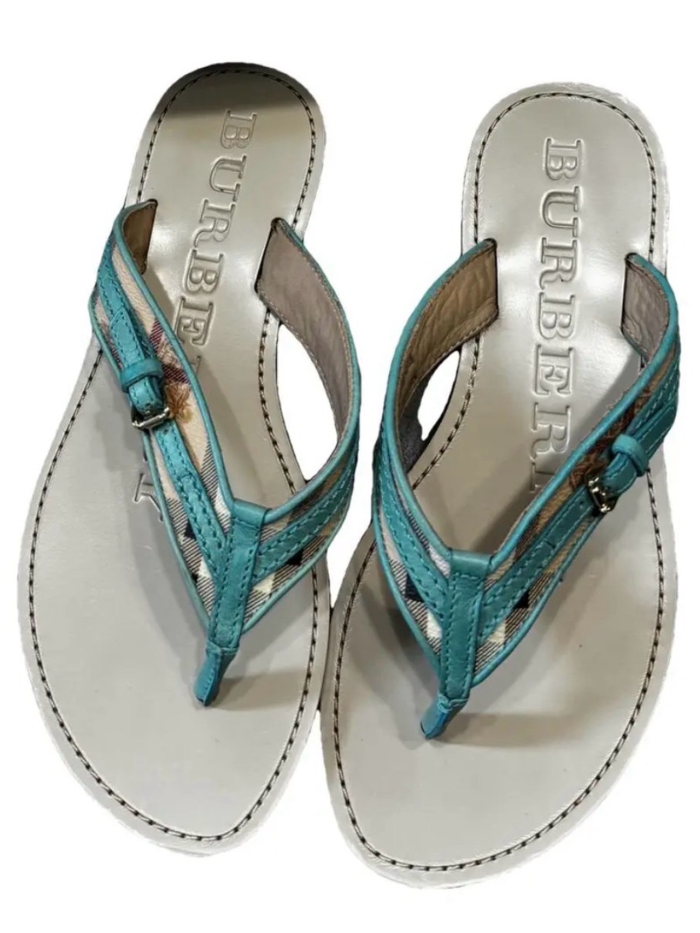 Burberry Teal Leather Thong Sandals with Signature Check Trim